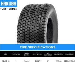 Tire - Hakuba Turftender, 16x6.50-8, 4 Ply, Lawn&Garden - 40G1665H - PBC3983EF1